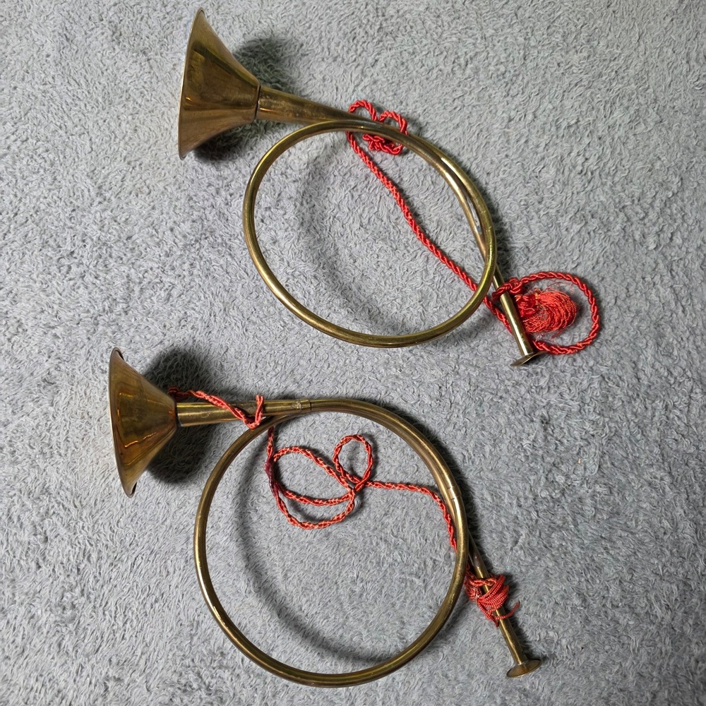 Vintage Hunting Horn Gold Brass Red Tassel Coiled Set of 2